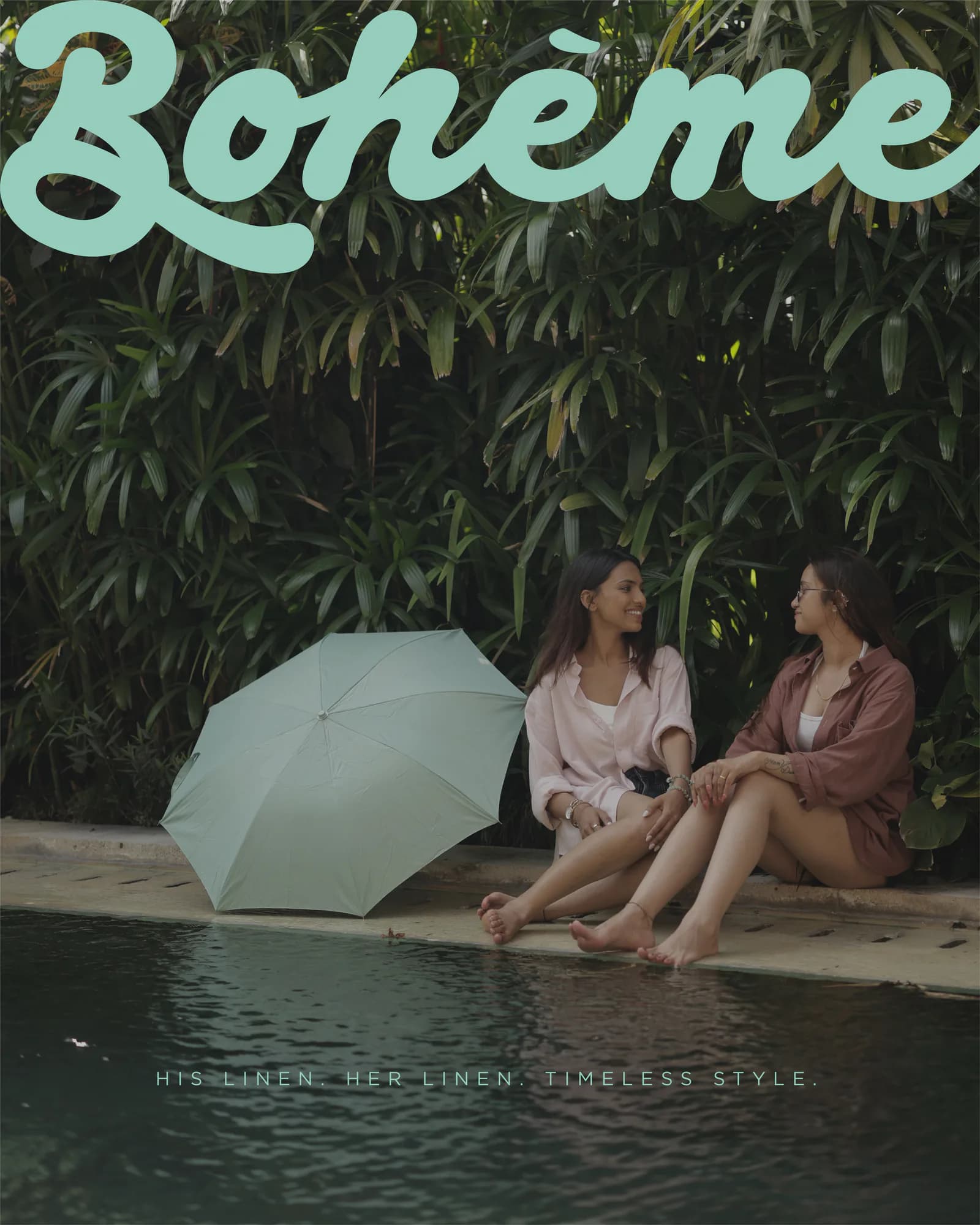 Poolside campaign frame with the Boheme script mark set over the scene