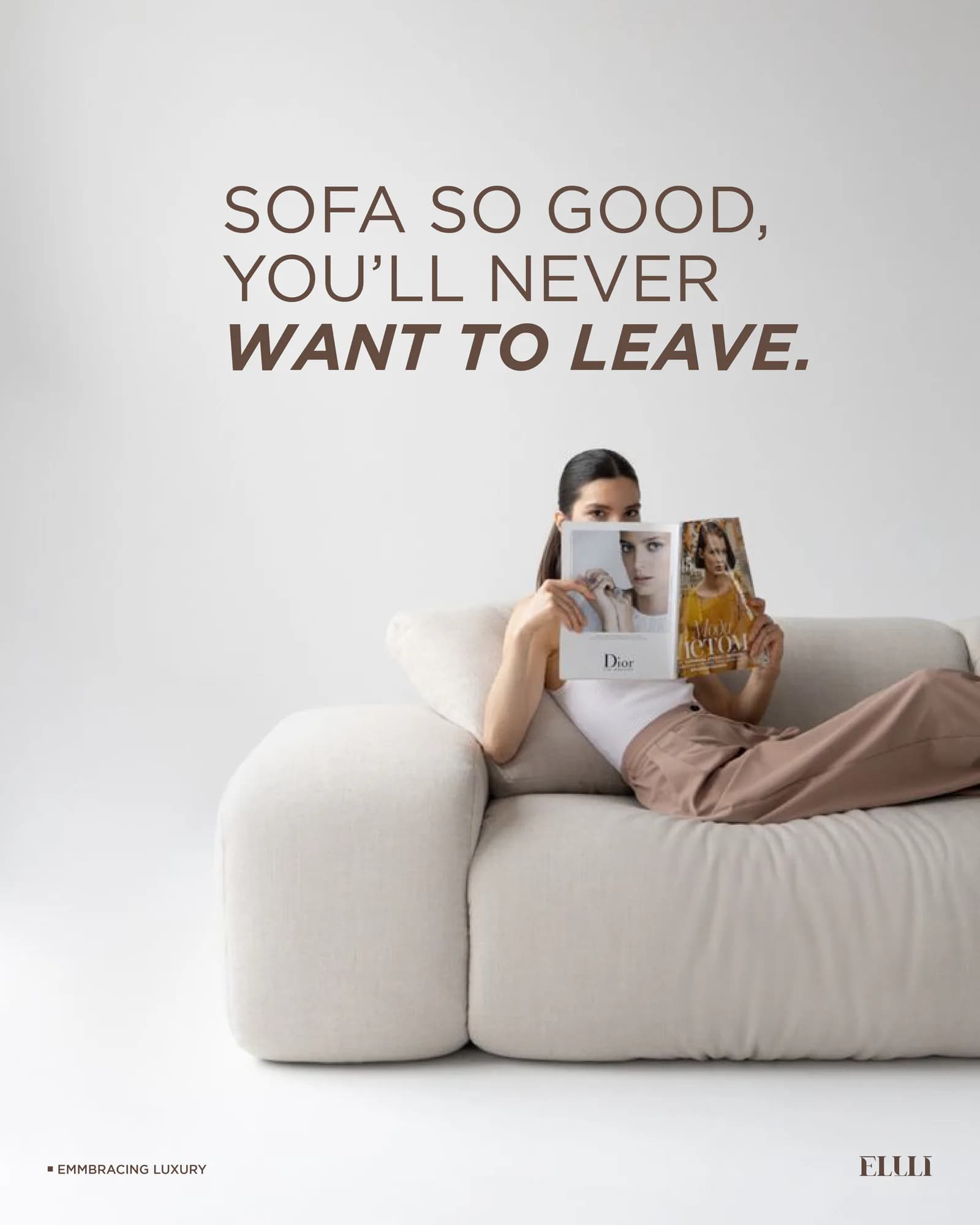 Campaign post of a model reading on a deep modular sofa