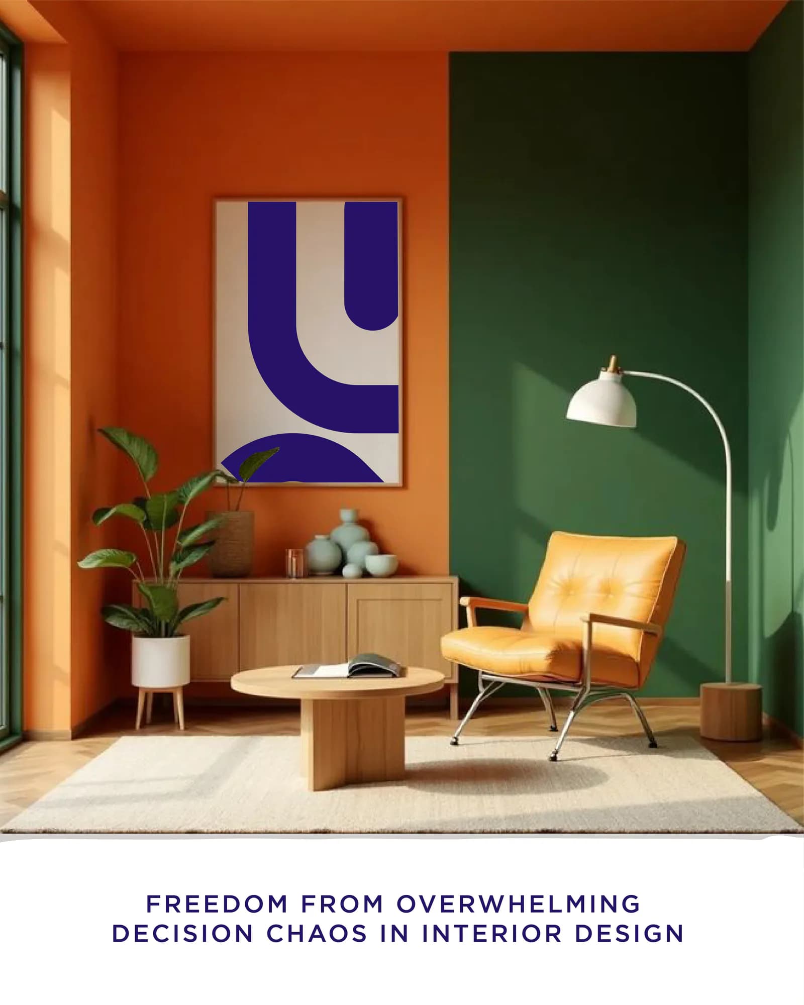 Campaign frame of a finished living room in orange and green